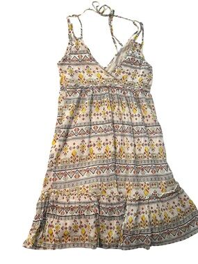 Jessica Simpson Cream Halter Sundress with Yellow & Coral Geometric Print Size M